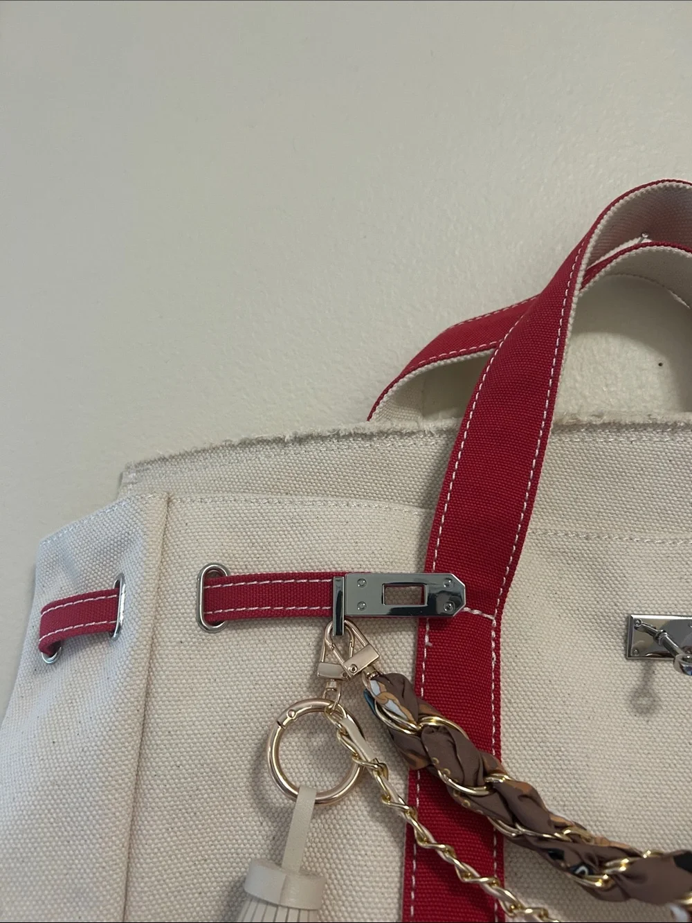 Boatkin Canvas Tote Bag with Red Trim and Tassel and chains